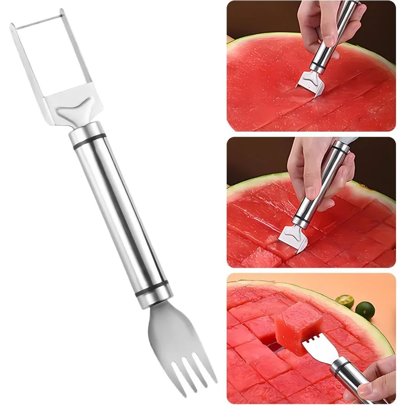 2 in 1 Watermelon Fork Slicer Stainless Steel Windmill Watermelon Cutter Artifact Salad Fruit Slicer Cutter Tool Useful Tool