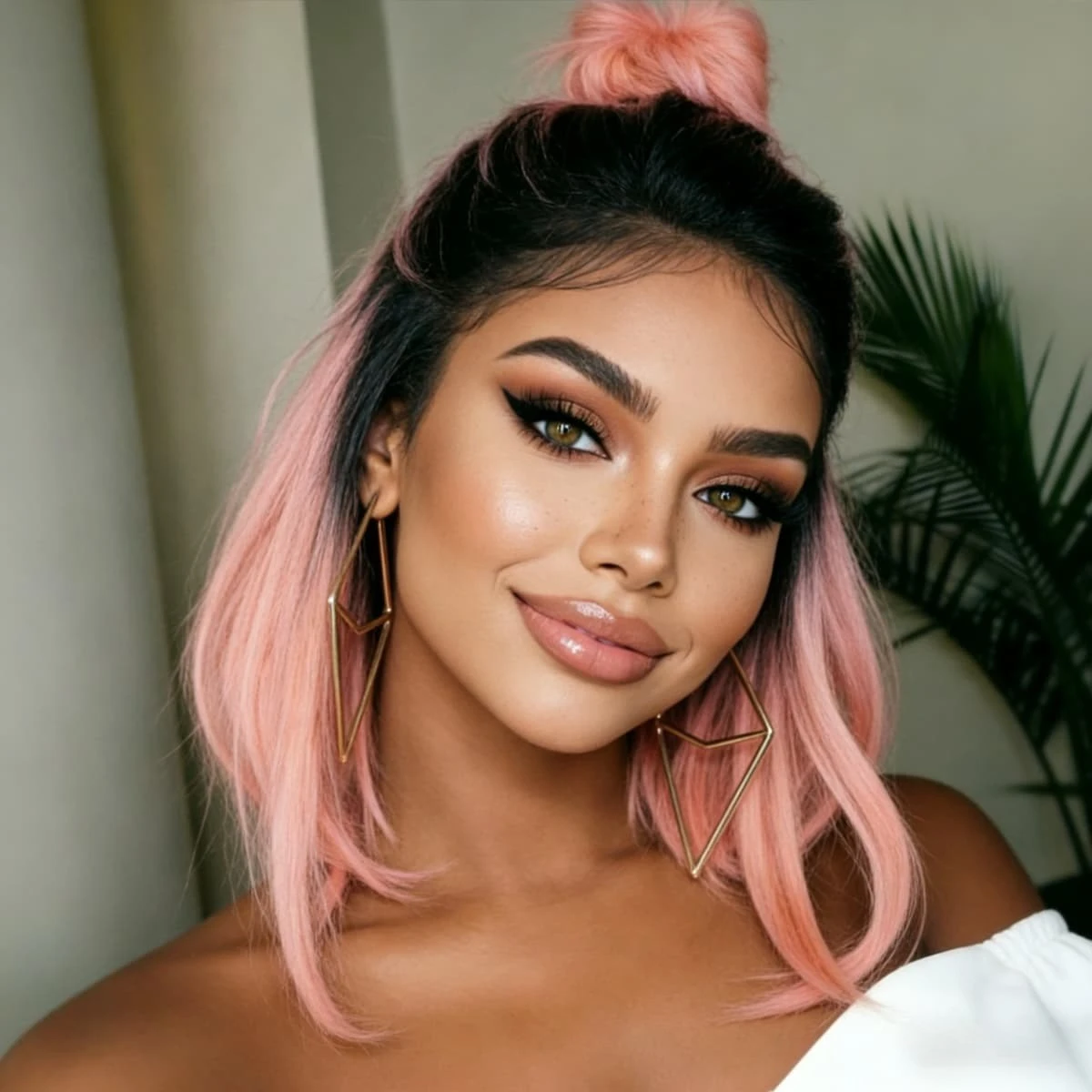 

Короткий прямой парик с Т-образной частью, розовый с темными корнями, 13x4x1, синтетический, с кружевной передней частью, для музыкальных фестивалей, танцевальных вечеринок, уличной моды