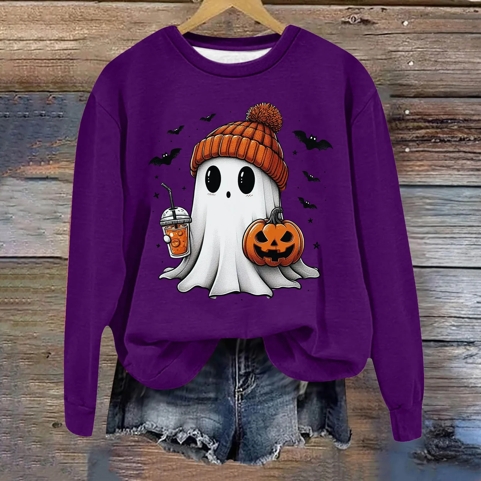 Cartoon Ghost Pumpkin Print Sweatshirt, manga comprida, gola redonda, Hoodless, solto, minimalismo, Y2K, fofo, Halloween