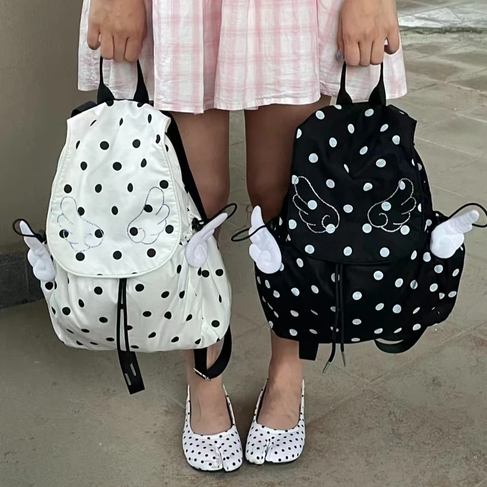 mochila-retro-de-estilo-japones-con-estampado-de-puntos-alas-de-Angel-con-diamantes-brillantes-mochila-escolar-ligera-y-plegable-de-nailon