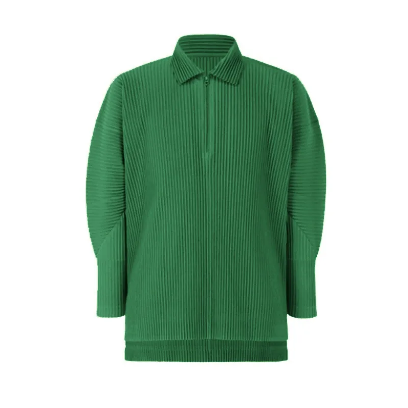 Miyake Pleated Men's Polo Shirt Long-sleeved 2025 New Sports Leisure Solid Zipper Pullover Bottoming Shirt Pleated Tops Men Tide