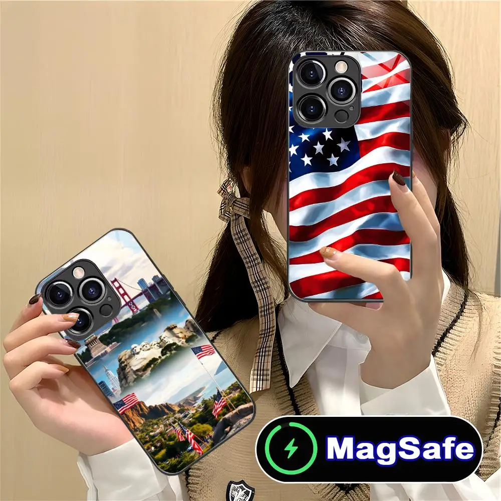 

Чехол для мобильного телефона с флагом США и Америки для iPhone 17, 16, 15, 14, 13, 12, 11 Pro Max Plus Mini MagSafe, стеклянный цветной чехол, красивый