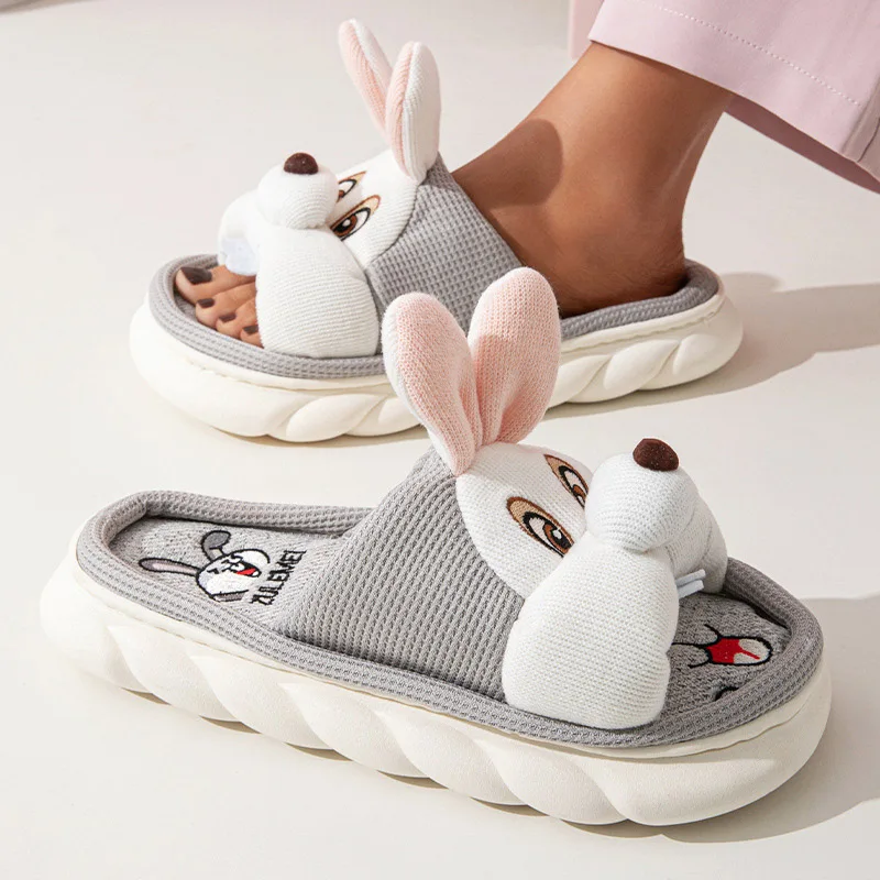 Cute Animal Cartoon Linen Slippers Four Seasons Home Thick-soled Sweat-absorbent Slippers Non-slip Couples\'s Cotton Slides