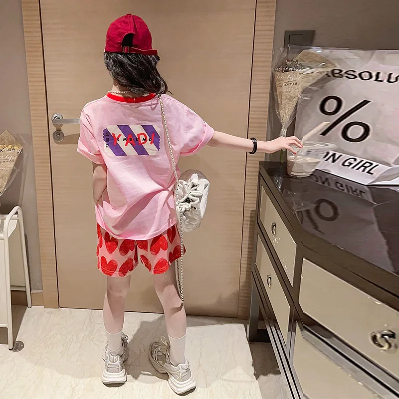 2026 Summer Girls Cotton Pink Alphabet Printed T-Shirt Tops+Sweet Shorts Pant Sets School Kids 2PCS Tracksuit Children Outfits