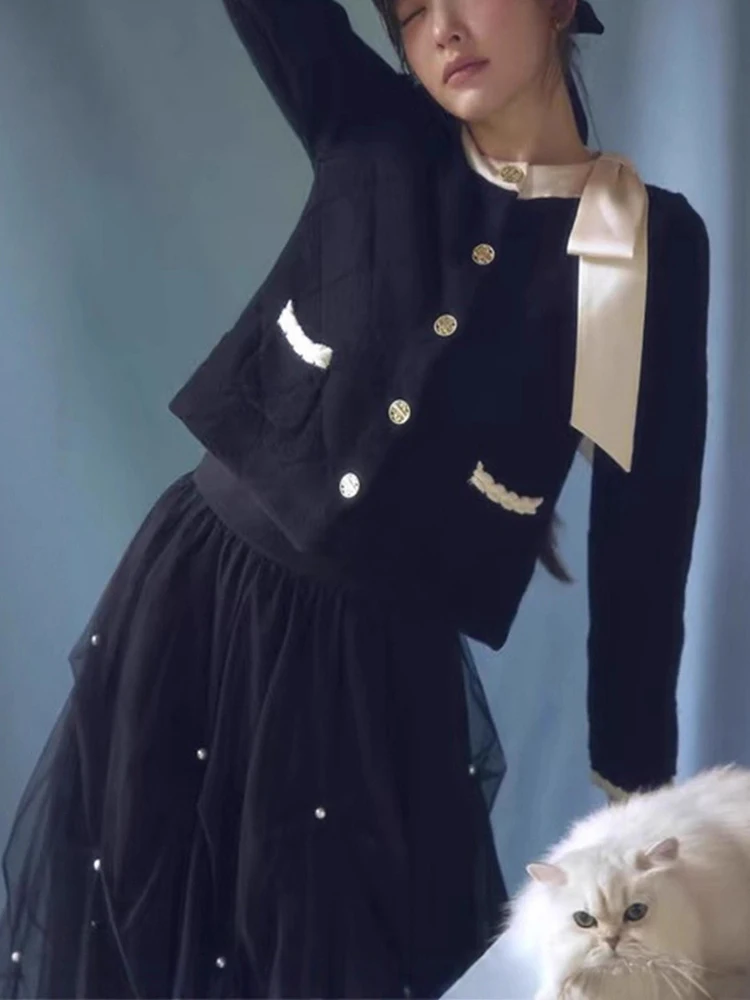 

Sweet Style Knot Diamond Pattern Knitted Jacket New Arrival Early Spring Miniature Elegant Ladies Fashion Outerwear