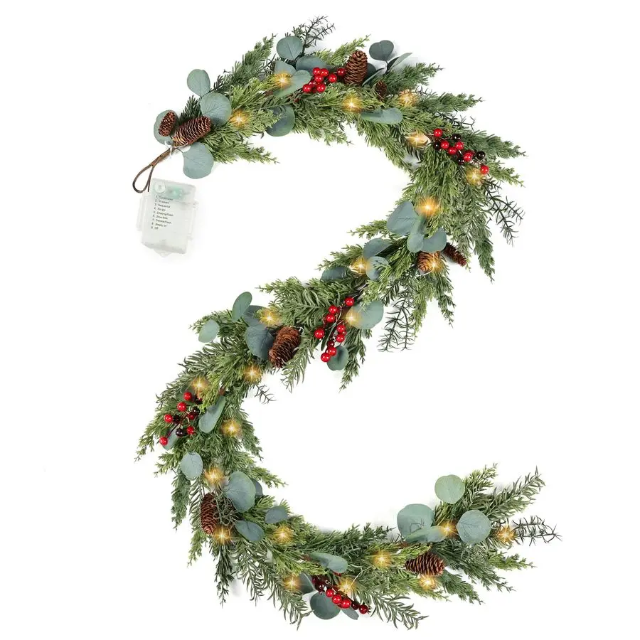 

Рождественская гирлянда с подсветкой, искусственная гирлянда из кедра и кипариса с шишками, для дома, камина, стены, для использования внутри и снаружи помещений