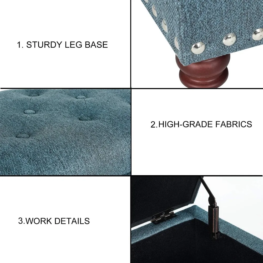 24 Inch Ottoman with Storage, Upholstered Linen Fabric Cube Stool, Small Hinged Footrest for Living Room