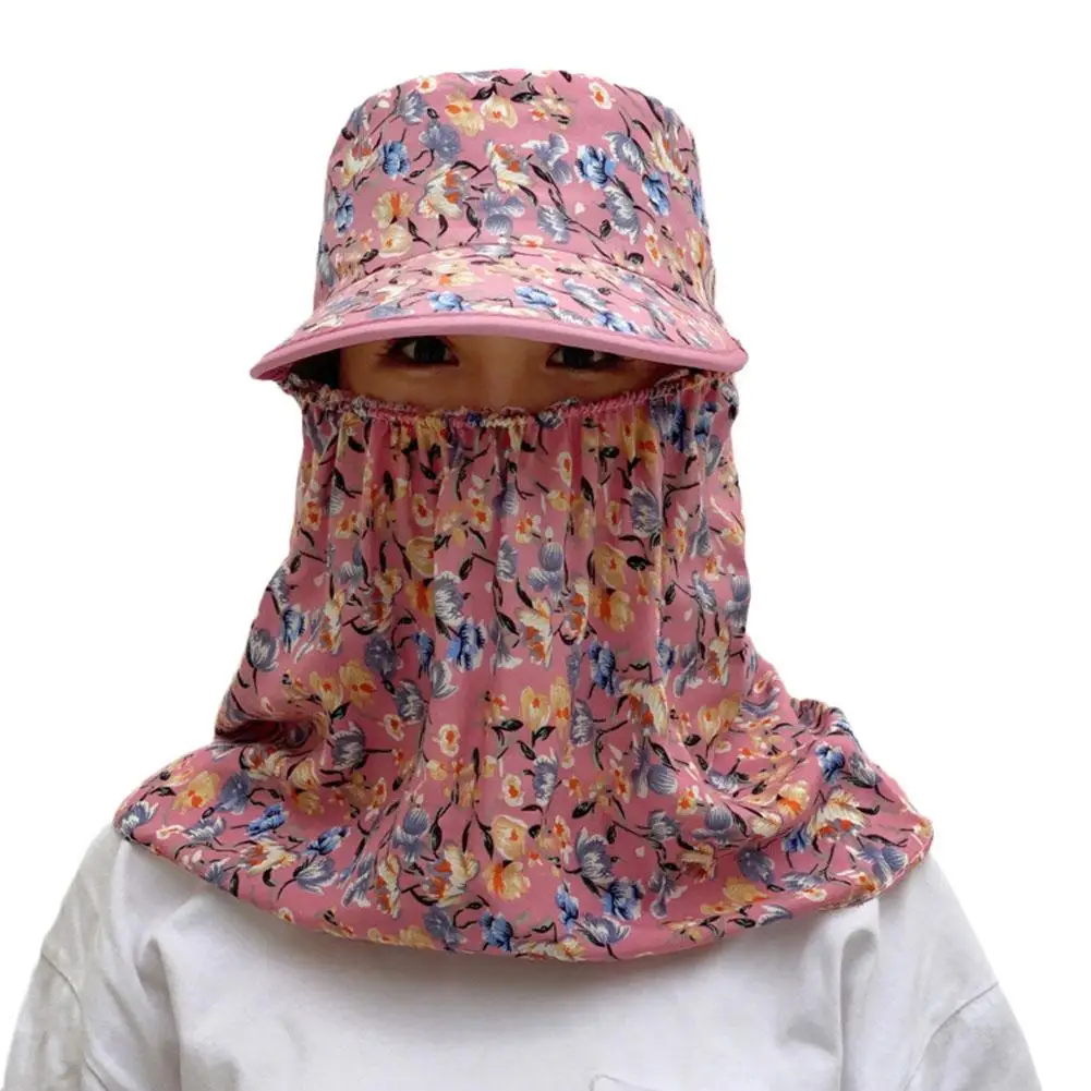 Women Anti-UV Sun Hat Beach Foldable Sunscreen Floral Print Caps Neck Face Care Wide Brim Hat New Summer Outdoor Riding