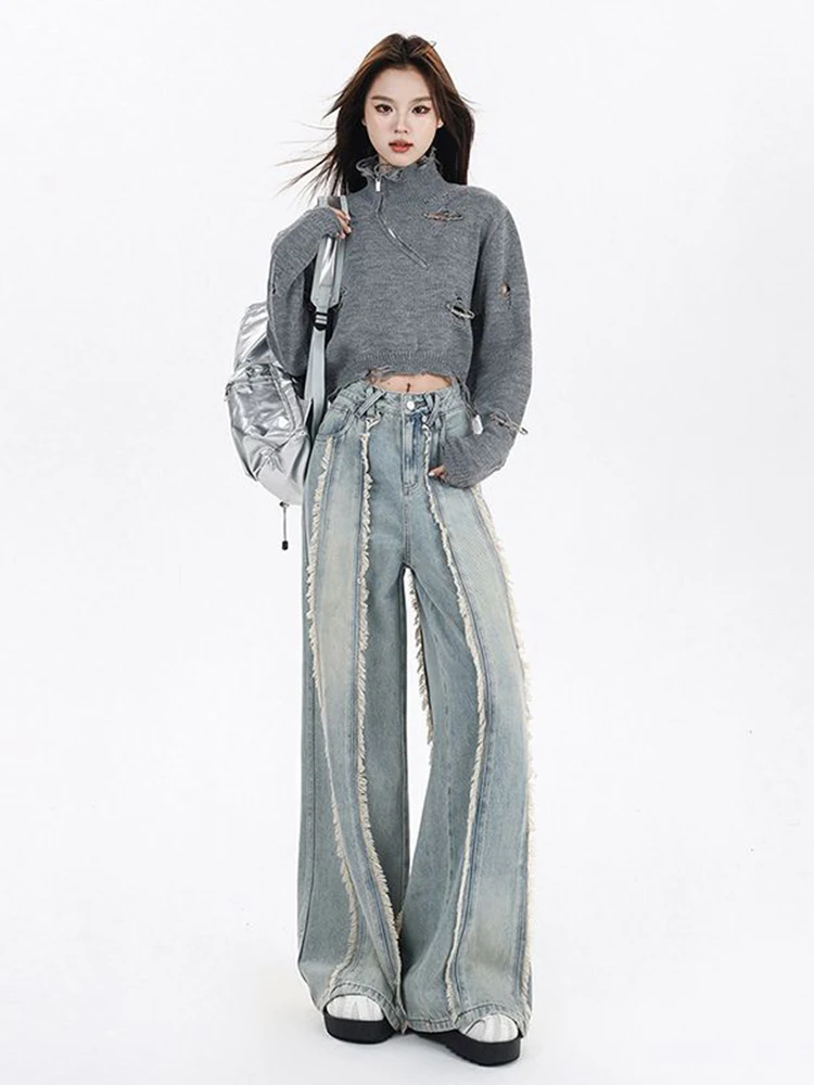 WCFCX STUDIO 2025 New Washed Jeans Splicing with Frayed Edge Design Jeans Women's Casual Tassel Loose Wide Leg Pants