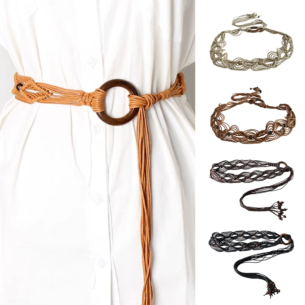 Weaving Hollow Out Belts For Women Ladies Dress Waist Belt Bohe Beads Female Waist Rope Round Wooden Buckle Braided Waist Belt