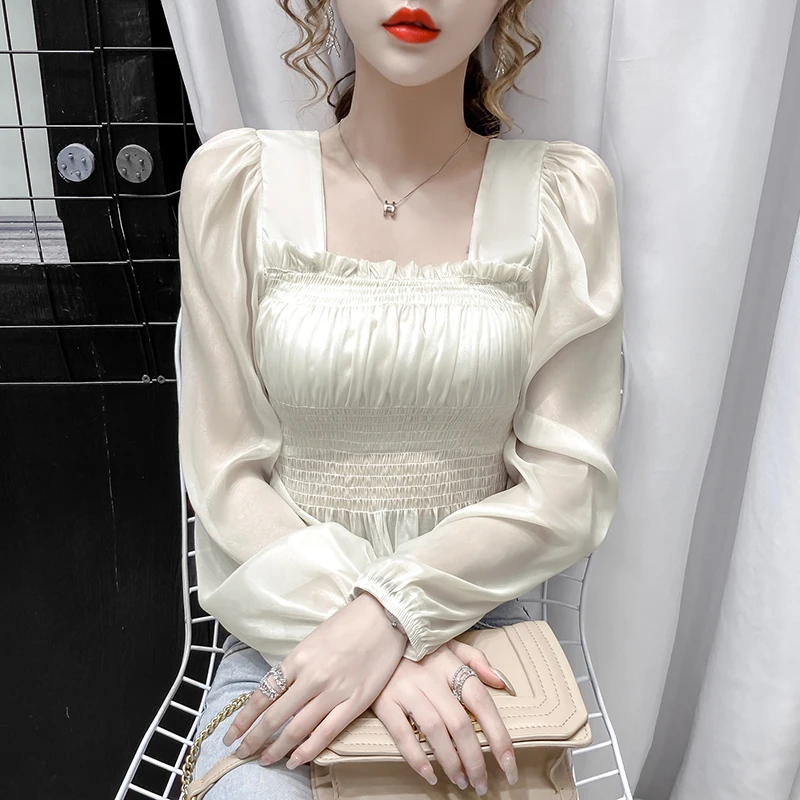 Women Stylish Solid Slim Blouse Long Puff Sleeve Royal Court Palace Camisa Square Neck Female French Palace Lolita Pleat Blouse