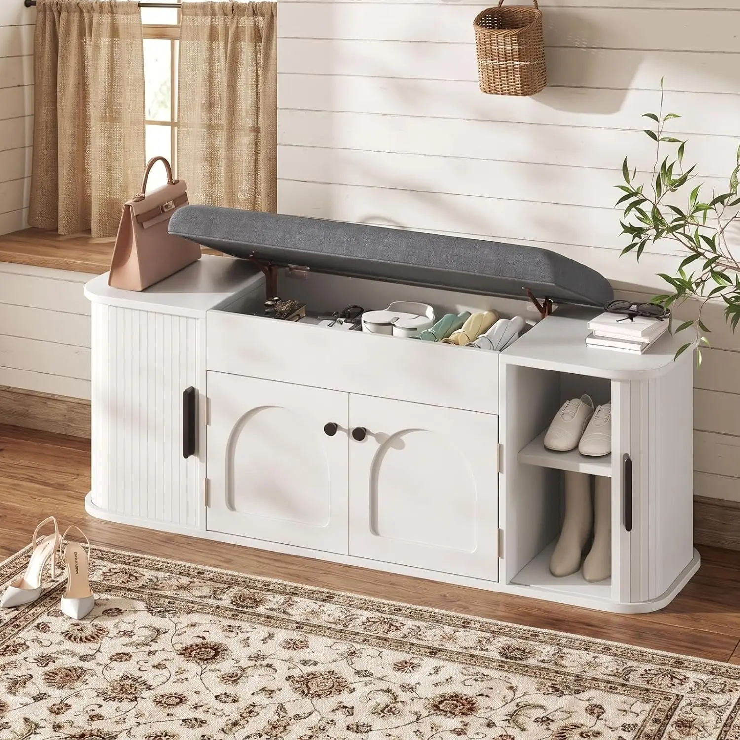 Shoe Storage Bench with Cushion, Sliding Door Cabinet & Adjustable Shelves, Lift-Top Storage, Entryway Organizer, Customized