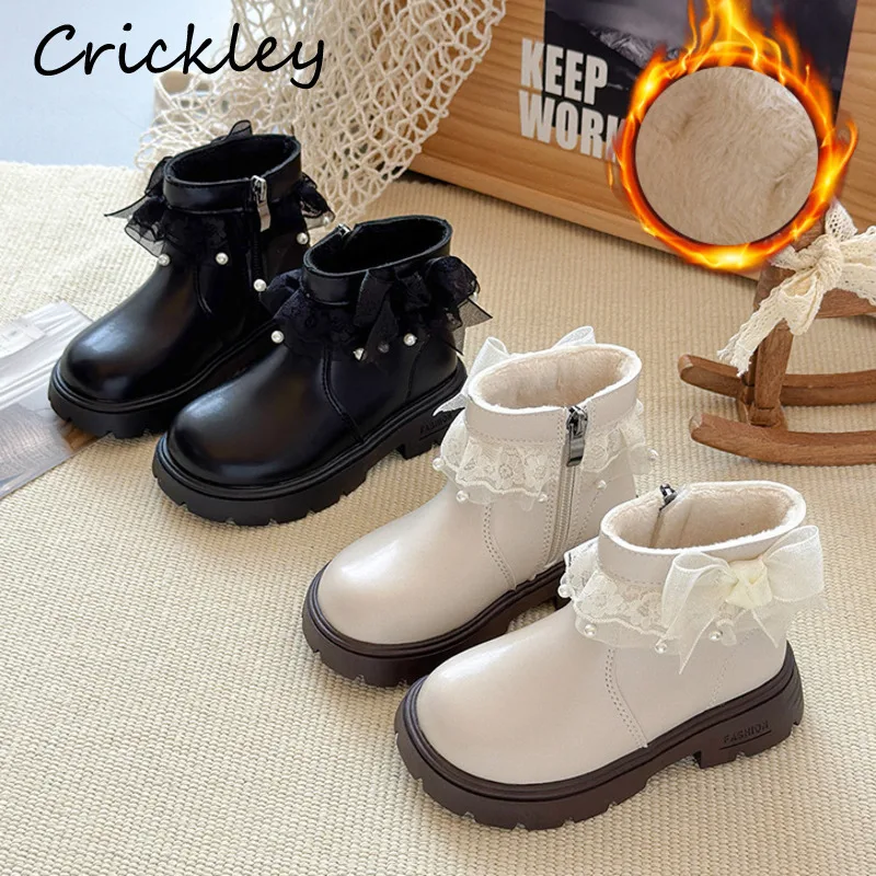 

Winter Lace Ruffles Bow Kids Fashion Boots Short Warm Girls Princess Ankle Shoes Solid PU Zip Non Slip Children Boots