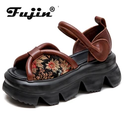 Fujin 7cm Chunky Sneakers Elastic Moccasins Fashion Natural Shoes Stretch Fabric Women Sandals Genuine Leather Platform Flats