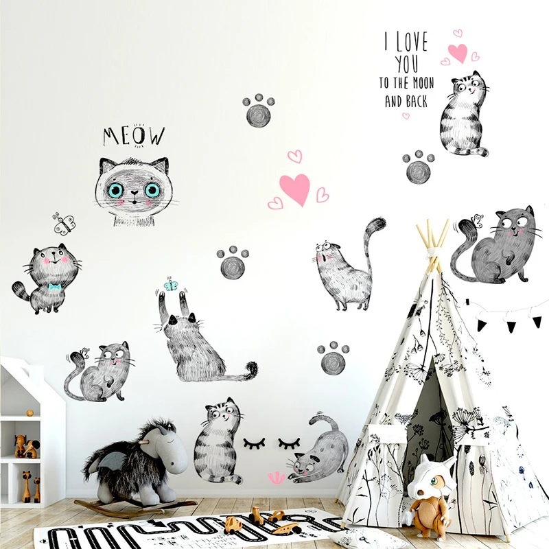 New style black hand-painted cute cat wall stickers for living room, bedroom, children's room decoration stickers