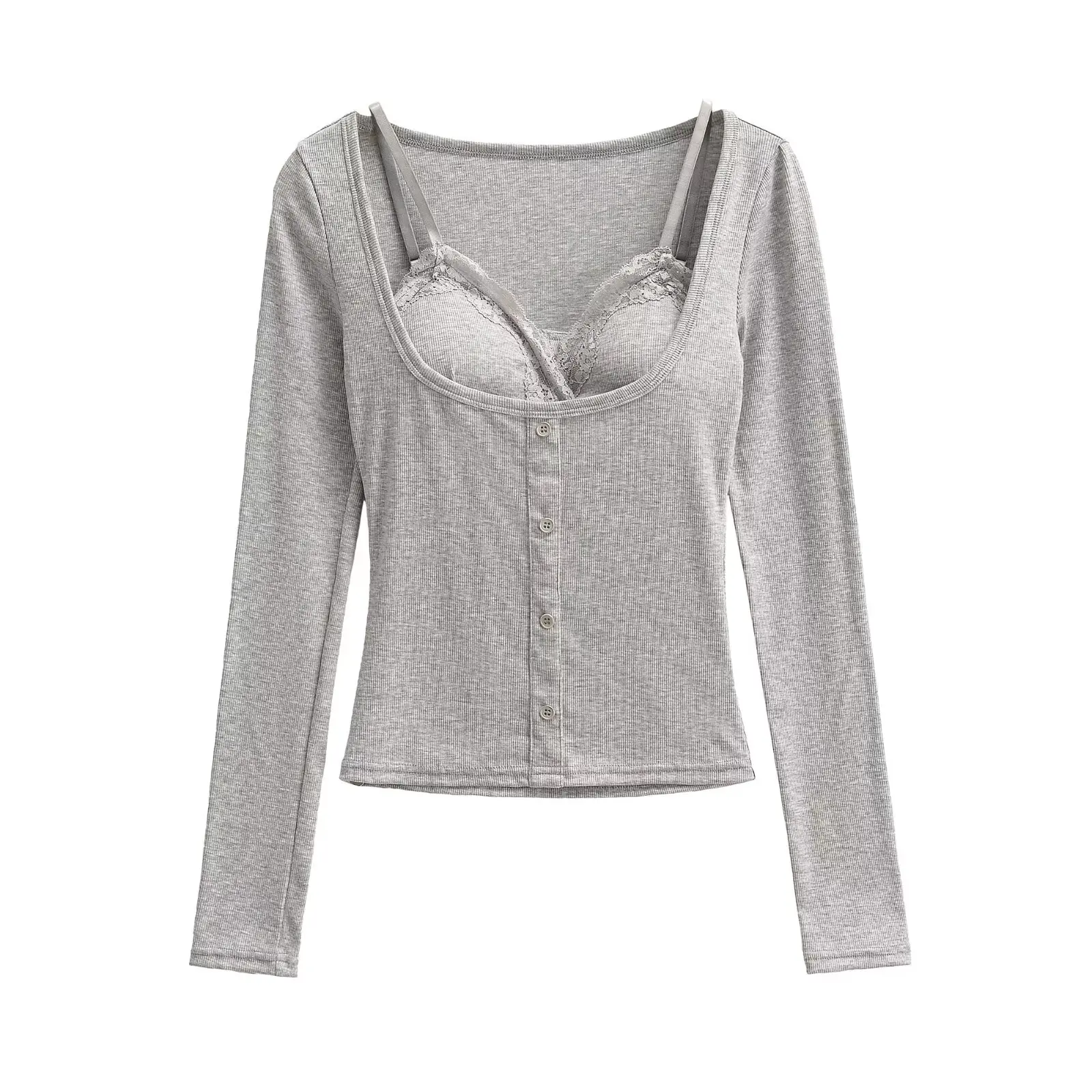 純粋な欲望セクシーなレーススプライスツーピースセットロングスリーブTシャツ女性スリムインナーウェアベースシャツ通勤秋服