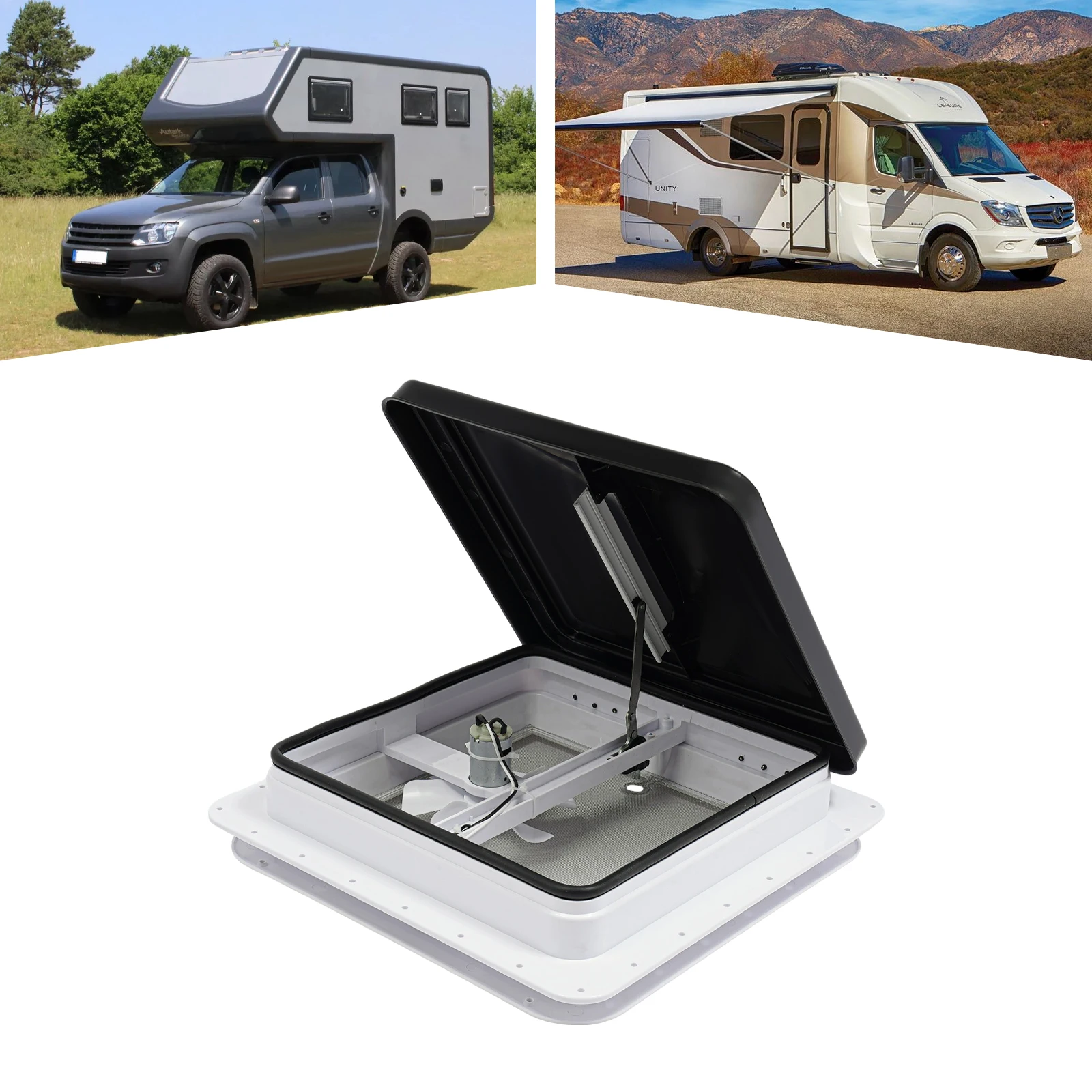 RV-Lüftungsdachfenster mit Ventilator & Moskitonetz, quadratisches Dachfenster für Wohnwagen, universell passend für Camper und Wohnmobile, 42x42cm