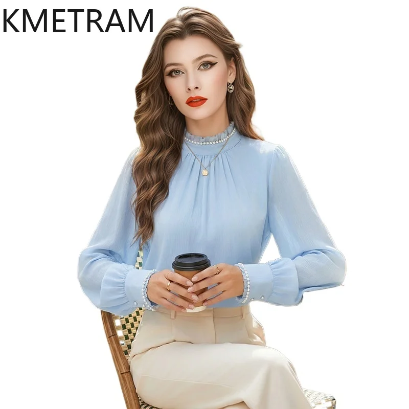 

KMETRAM Elegant Shirt for Woman Beaded Long Sleeve Blouse French Style Office Spring Tops Women Clothing 2026 рубашка женская