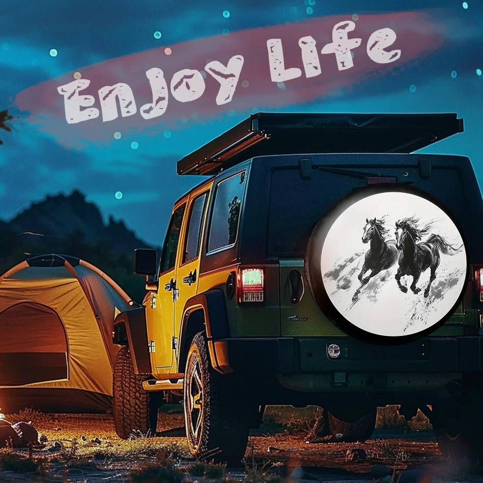Watercolor galloping horse design, tire cover with spare wheel holder, compatible with most vehicle models, essential for outdoo