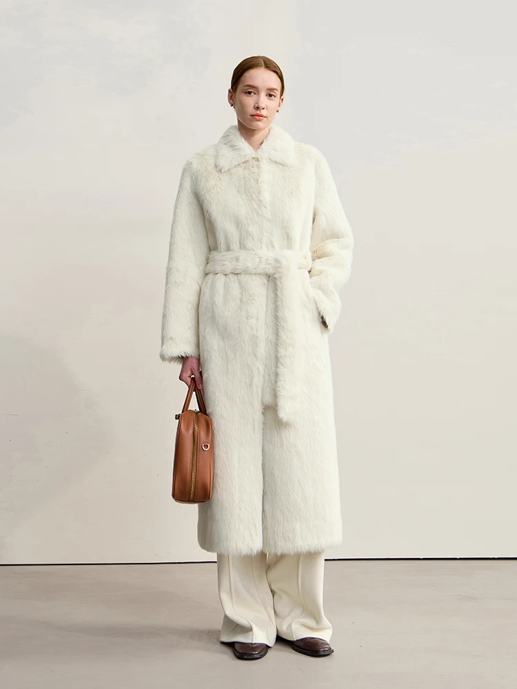 

AMII Fur Coat Woman 2025 Winter New Warm With Belt Shoulder Sleeves Long Fur Coat Loose Straight Elegant Plush Jacket 12554009
