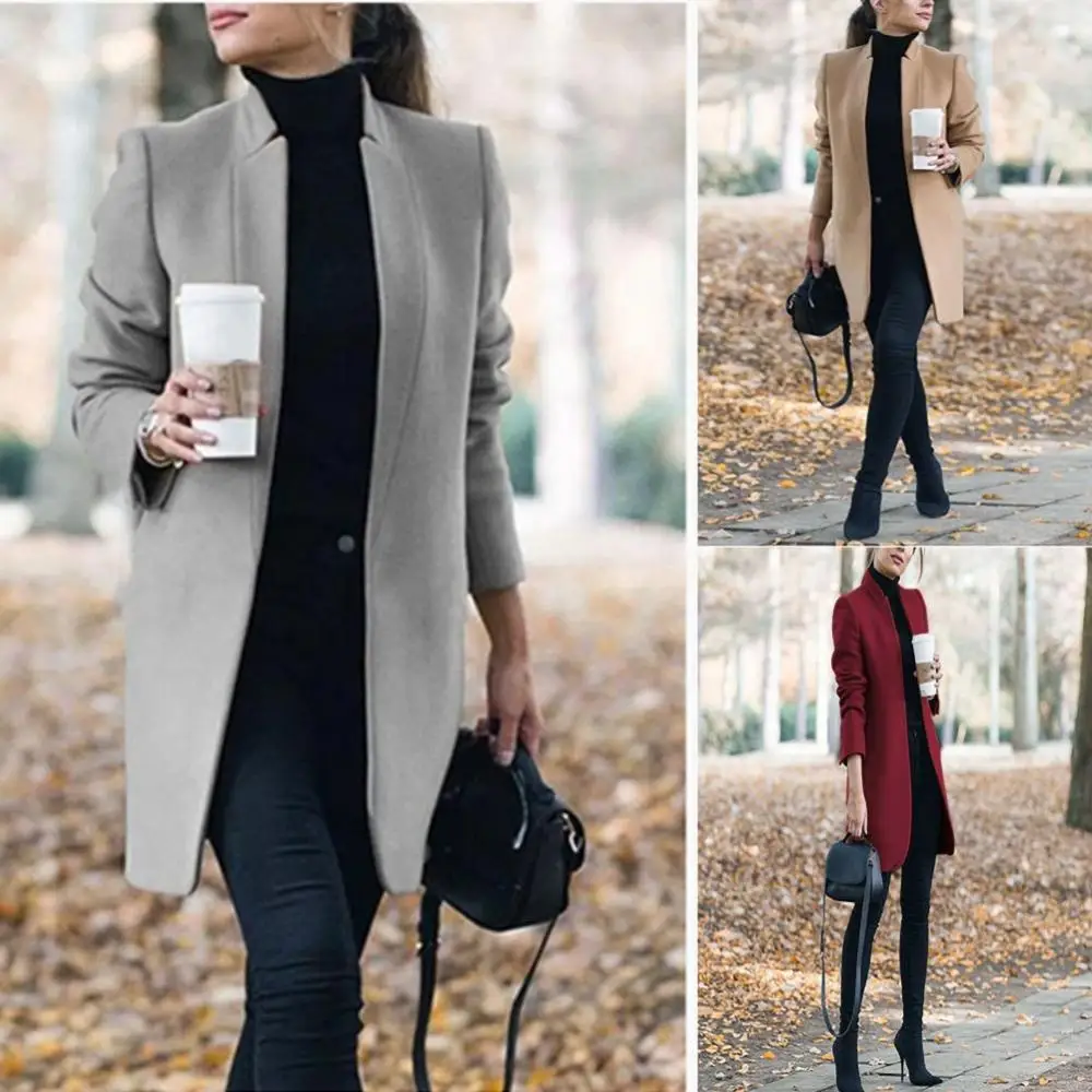 Office Lady Autumn Winter Women Jackets Blends Solid Color Stand Collar Women Blends Jacket Woolen Long Coat Plus Size Cardigan - Image 5