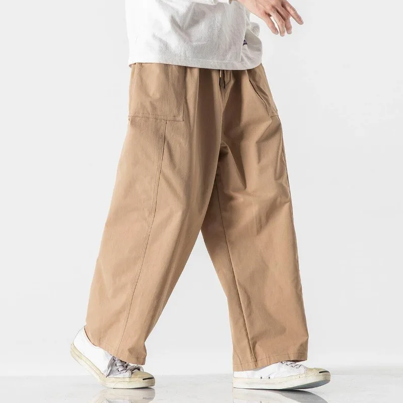 Men Wide Leg Pants Summer Light Thin Lace Up Elastic Waist Solid Casual Straight Leg Pants Loose Oversized Trousers Streetwear
