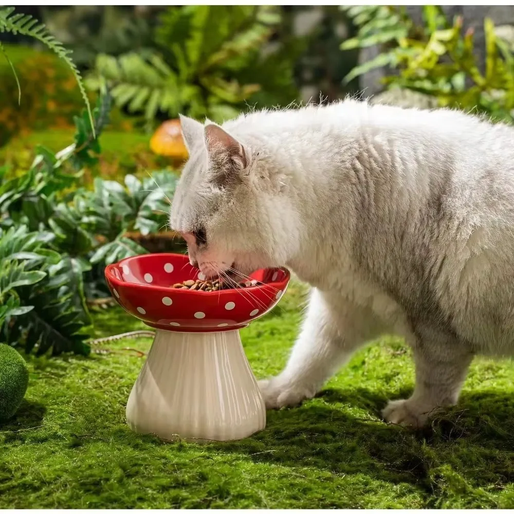 

Mushroom Shaped Cat Bowl Cute Polka Dot Safe Ceramic Elevated Cat Feeder for Cats Dogs Drinking Water Bowl Cat Feede Pet Feeder