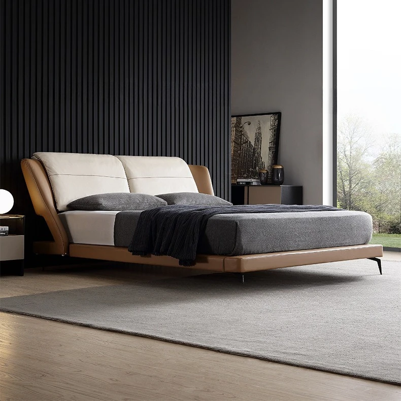 

Italian modern extremely simple, down soft bag backrest double bed, first layer leather bed