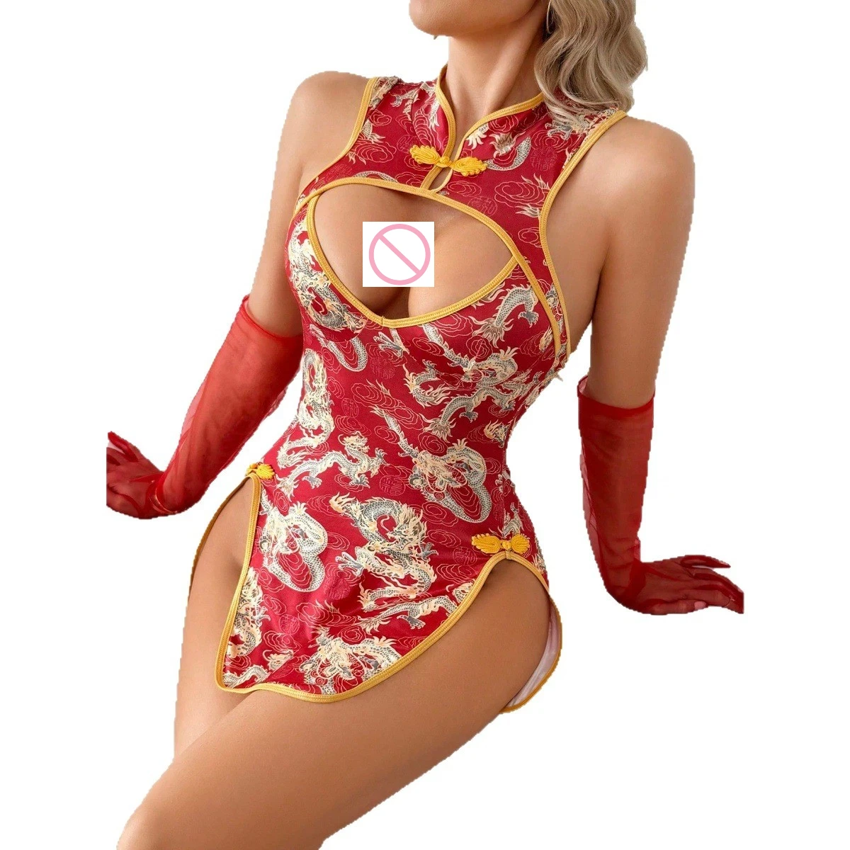 

Сексуальный костюм поварихи: ретро-ципао из парчи с прозрачной спинкой и высоким разрезом, соблазнительное ципао.