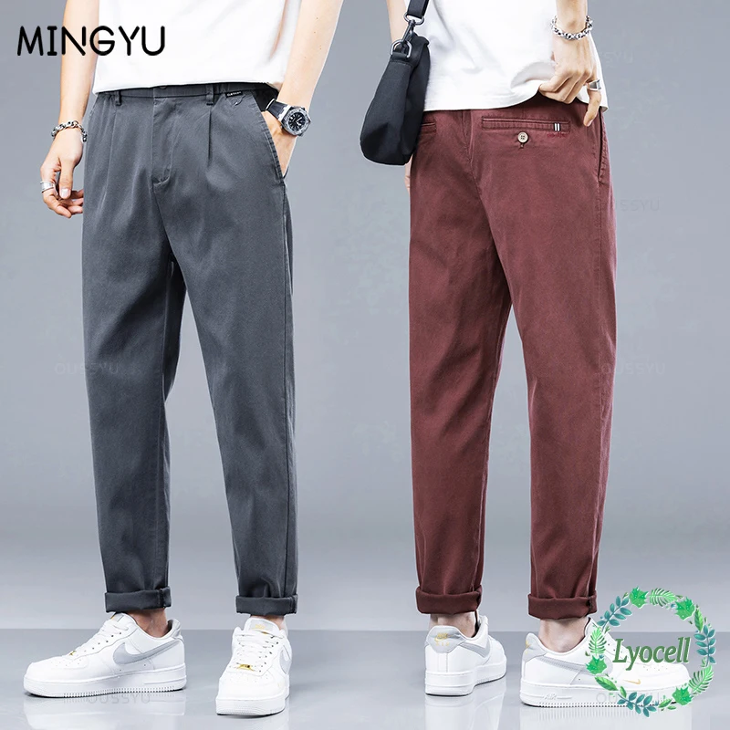 New Summer Soft Cosy Breathable Lyocell Fabric Casual Pants Men Thin Slim Elastic Waist Korea Jogger Work Wine Red Trousers Male