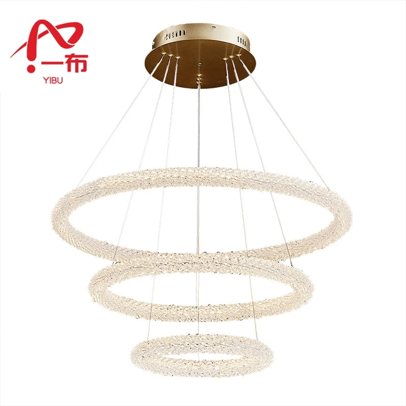 

Nordic K9 Crystal Round Chandelier For Living Room Study Bedroom Hotel Lobby Multiple Ring Aluminum Lamp Body LED Pendant Light