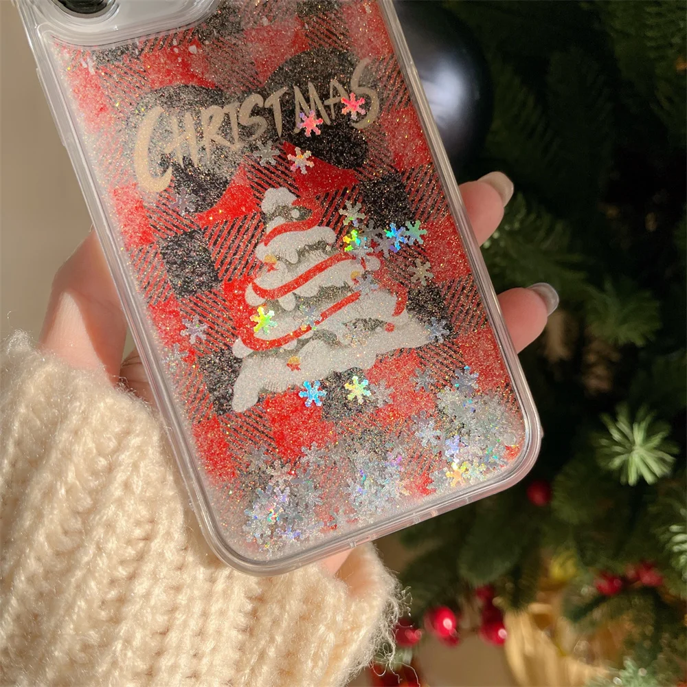 Cartoon Christmas Tree Snow Flower Quicksand Case for iPhone 16 15 14 13 12 Pro Max 16 Plus 11 Soft Shockpoof Cover For iPhone16