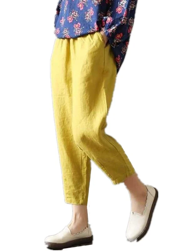 กางเกงลำลองผ้าฝ้ายลินินสำหรับผู้หญิง รุ่นใหม่ ปี 2025 ทรงหลวม ทรงตรง บางเบา ใส่สบายสำหรับฤดูร้อน กางเกงฮาเร็มเก้าส่วน เอวสูง ยางยืด