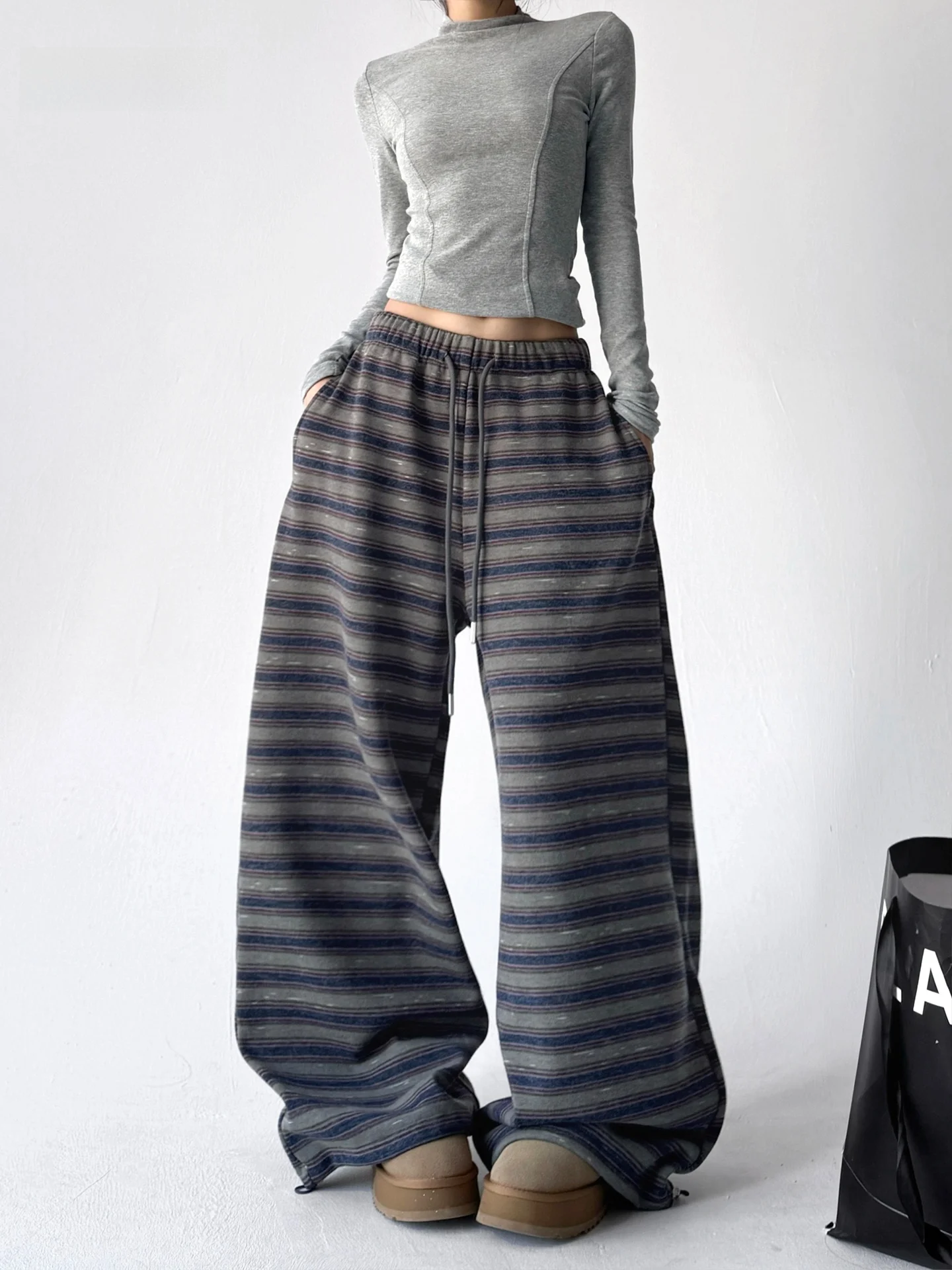 

Зима 202, женские широкие брюки в полоску Lazy Sle с эластичной резинкой на талии, свободные повседневные длинные брюки из полиэстера с высокой талией...