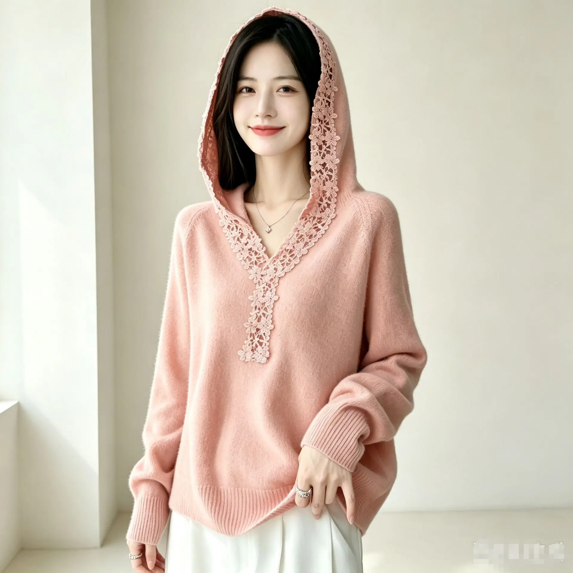Women's Sweater Pullover Hoodie 100% Merino Wool Knitted Sweater Jacquard Hooded Collar Seamless Autumn Winter Casual Loose Tops