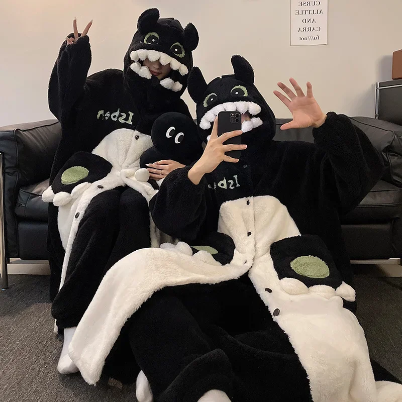 بيجامات بناتي جميلة على شكل ديناصور كارتوني ملابس منزلية من المخمل المرجاني رداء حمام شتوي بيجامات نسائية رداء طويل ملابس نوم سميكة للرجال رداء ليلي #3