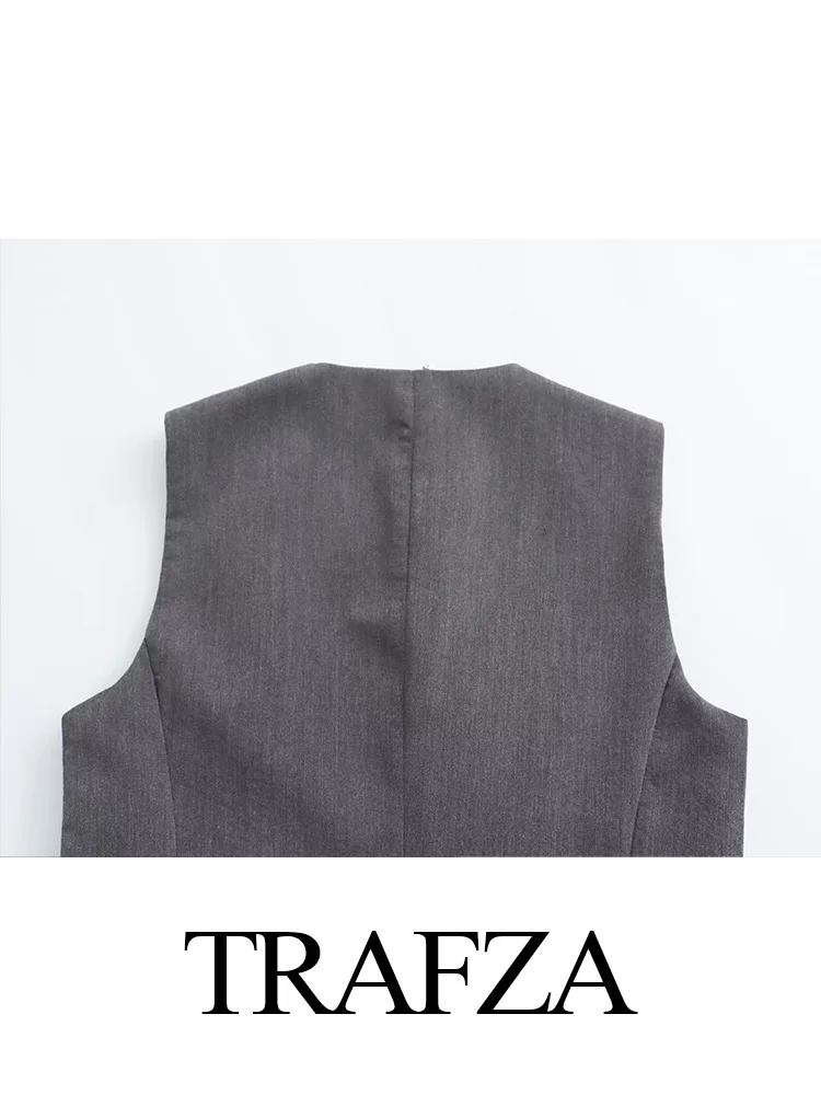 Imagem -03 - Trafza-colete Curto e Calça Feminina Cinza Texturizada de Peito Único Terno de Bolso com Zíper de Cintura Alta Lapela Retrô Elegante