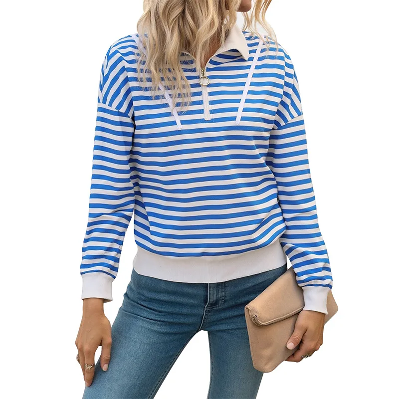 Autumn Long-sleeved Striped Loose T-shirt Casual Polo Collar Zipper Pullover Sweatshirt