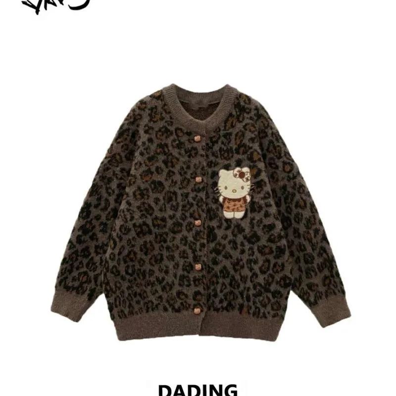 Creative and cute Hello Kitty leopard print knitted cardigan Sanrio autumn and winter niche original new warm thickened jacket