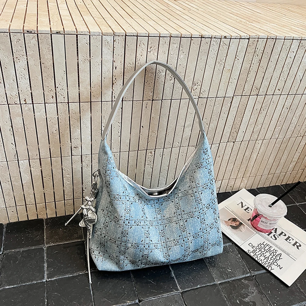 Rhinestone Embellished Denim Crossbody Bag Color Block Tote Purse Classic Design Minimalist Style Bags For Daily Commute Use