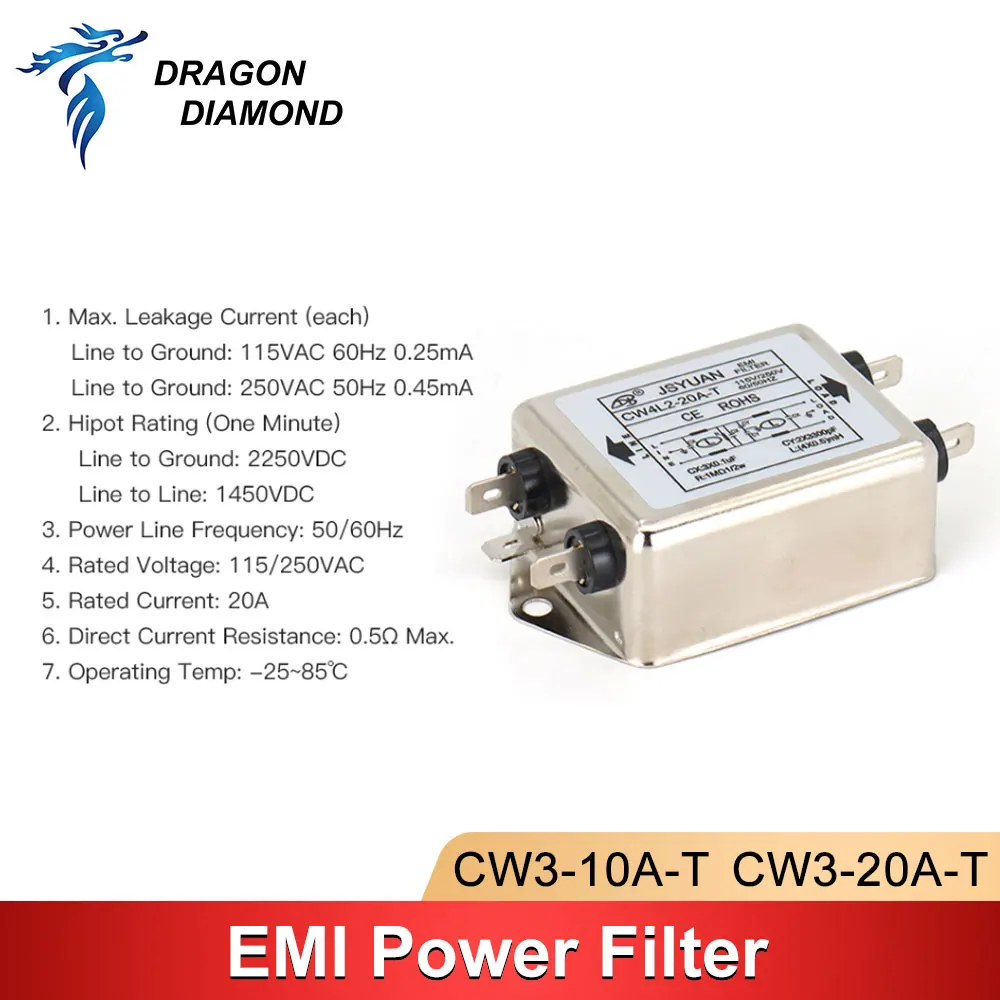 DRAGON DIAMOND Power EMI Filter Single Phase Power HONGDA filter AC 115V / 250V 10A 20A 50/60HZ For Laser Engraver