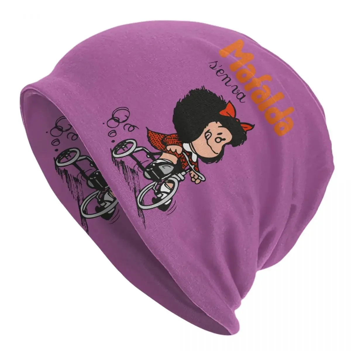 Kawaii Mafalda Riding A Bike Skullies Beanies Caps Unisex Cool Winter Warm Knit Hat Adult Quino Comic Cartoon Bonnet Hats