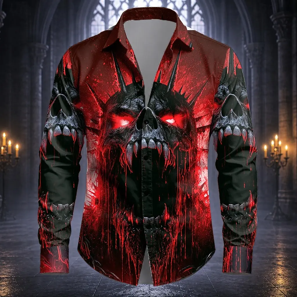 Men Blood Skull 3D Print Long Sleeve Shirt Halloween Horror Gothic Lapel Button Down Party Casual Tops