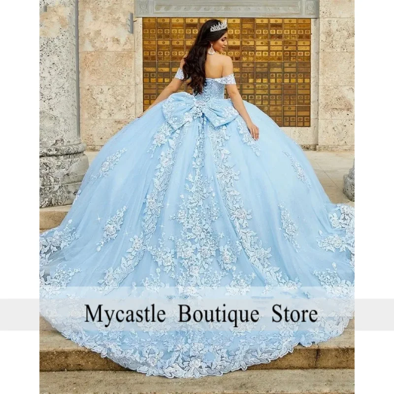 فساتين Quinceanera باللون الأزرق السماوي 2022 بدون أكتاف مزينة بالخرز الحلو 16 فستان Vestidos De 15 anos