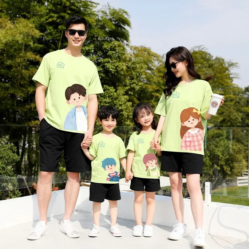 

Family Matching Outfits Cotton T-shirt Kids Mother Daughter Clothes Cute Cartoon Tops Parent-child Outfits Summer Casual Tees