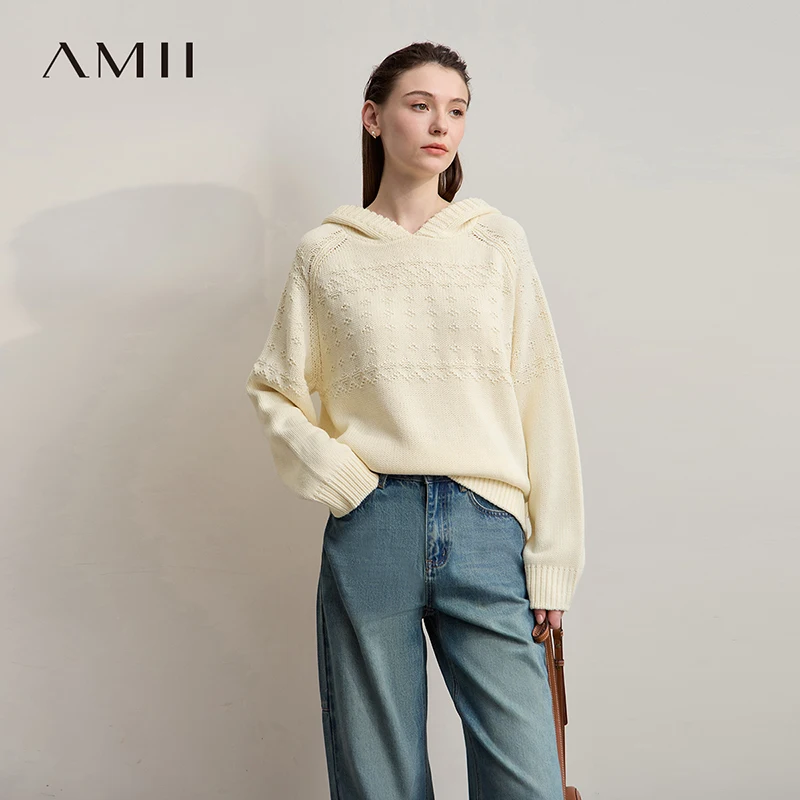 

AMII Women's Sweater 2025 Autumn New Minimalist Casual Loose Women's Clothing Hooded Knitting Long Sleeve Tops Ladies 12544063