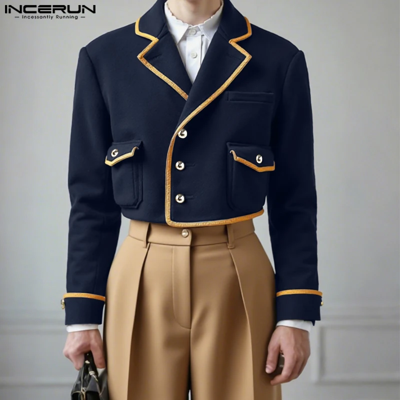 

INCERUN Men Jackets Patchwork Lapel Long Sleeve Button Crop Coats Men Streetwear 2025 Autumn Winter Fashion Casual Male Jackets