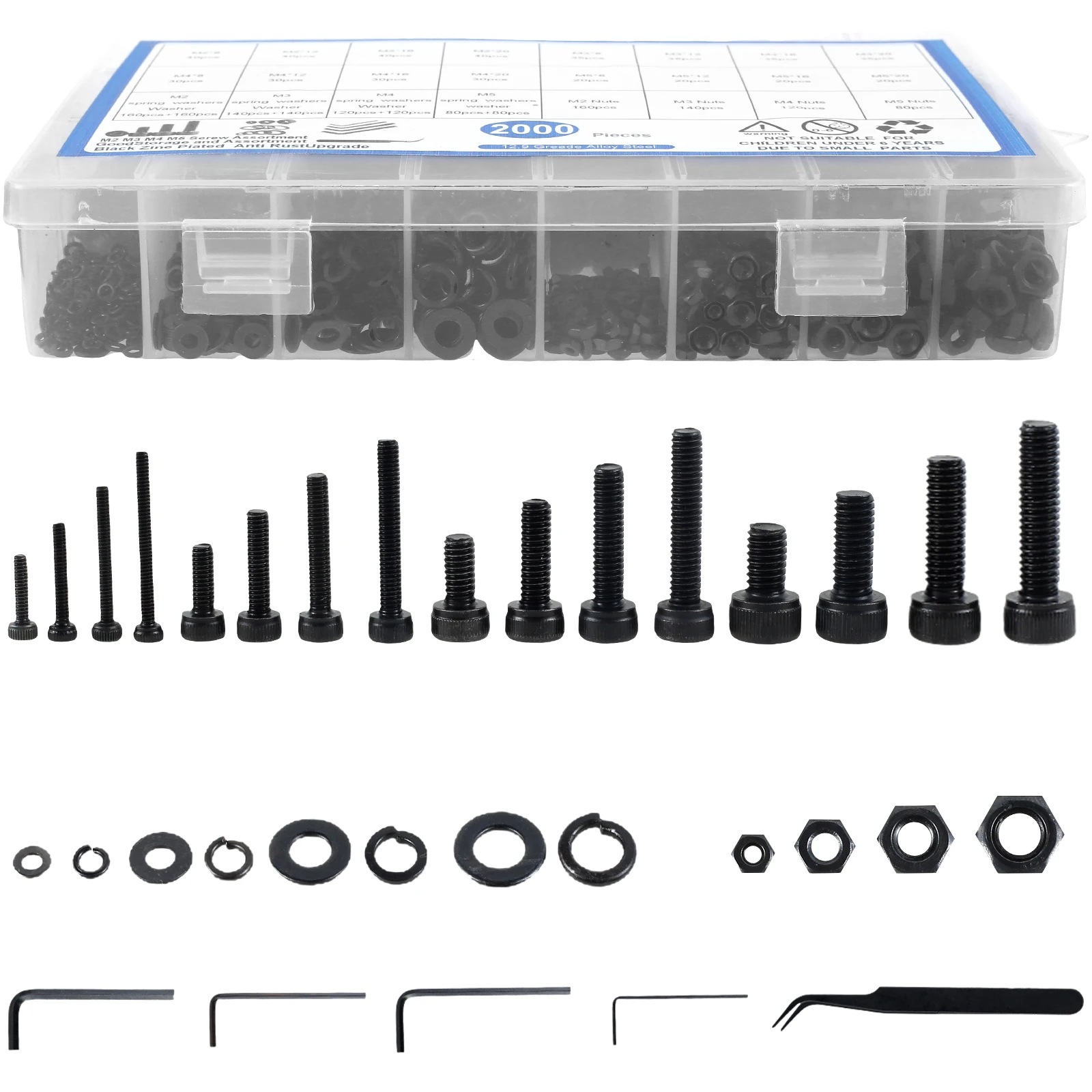 

2000Pcs Cylindrical Head Hexagon Screw Set Metric Nuts and Bolts Assortment Kit Alloy Steel M2 M3 M4 M5 Bolts Nuts Washers Kit