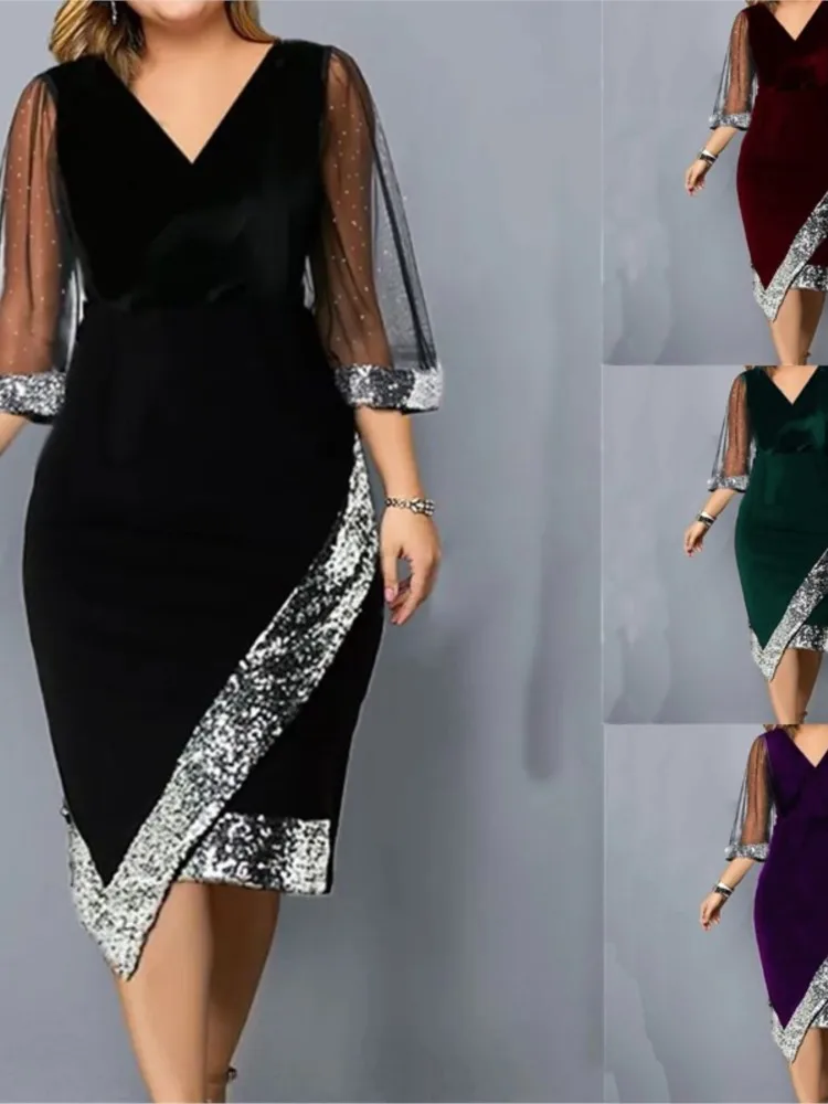 Spring Summer Women\'s Clothing New Fashion Gold Velvet Irregular Sequin See Through Mesh Women\'s Five Quarter Sleeve Dress
