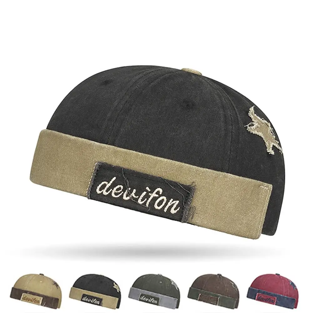 

Distressed Washed Color Docker Cap Without Visor Melon Hat Star Splicing Colors Brimless Cap Retro Old Casual Landlord Hat